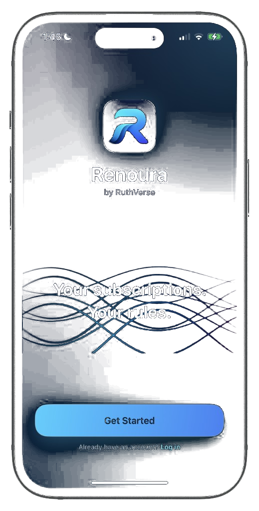 Renoura iPhone mockup showing subscription tracking and spending insights