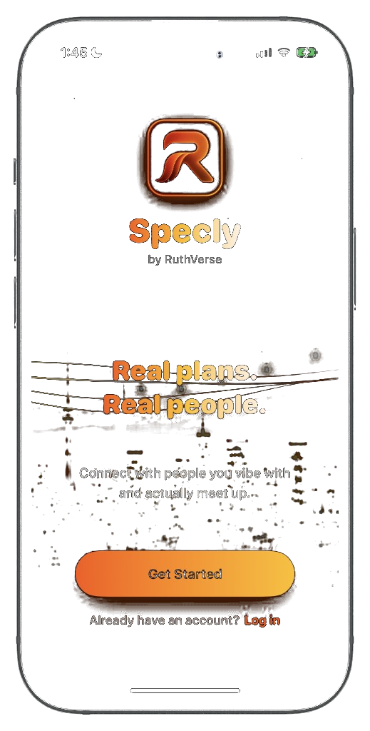 Specly iPhone mockup showing social plans and real-world meetups